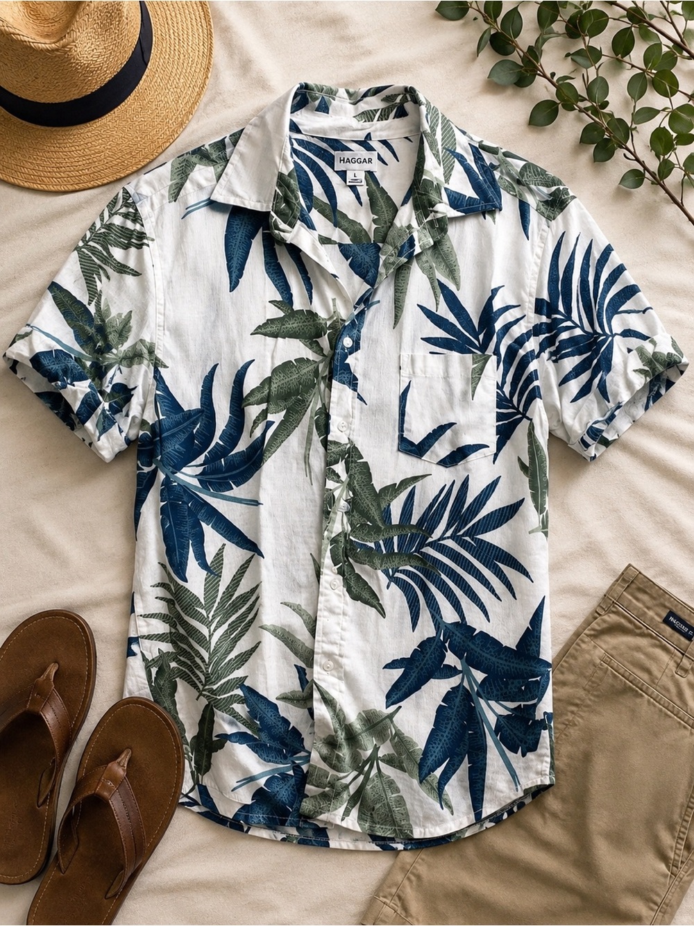 Haggar Tropical Leaf Print Button Front Shirt Menâs Size Large 100% Cotton
